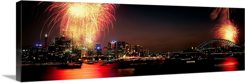 Firework display at New year's eve in a city, Sydney, New South Wales, Australia