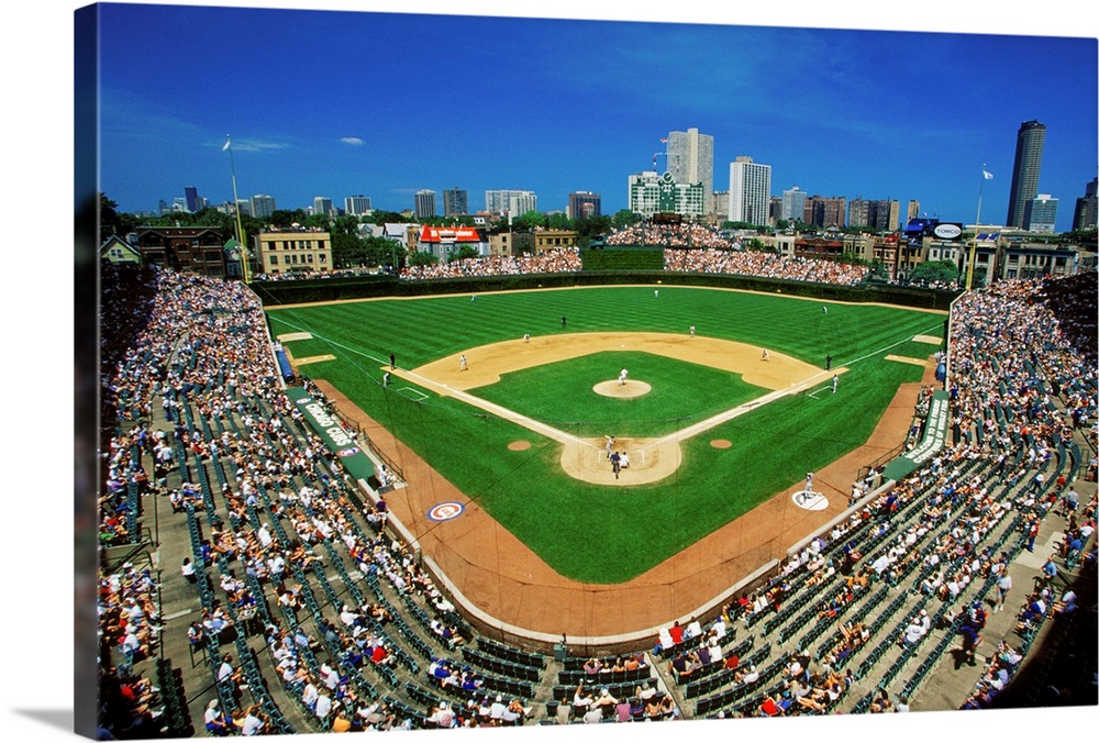 Fisheye view of crowd and diamond during a professional baseball game, Wrigley Field, Illinois