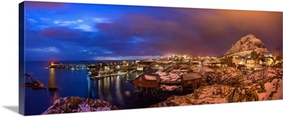 Fishing Village At Night, Lofoten, Nordland County, Norway