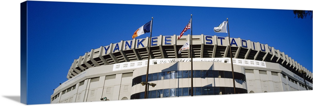 A panoramic photograph taken of the main entrance at Yankee stadium.