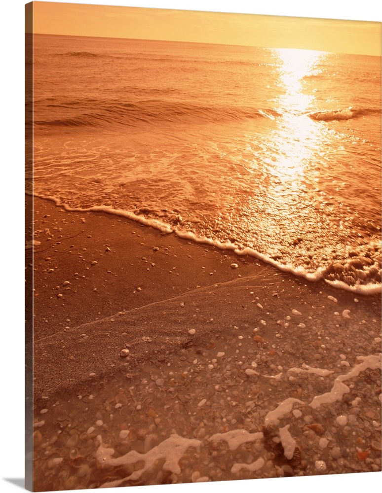Vertical photograph on a big canvas water rushing onto the shore of Sanibel Beach, Florida in the Gulf of Mexico.  The sun...