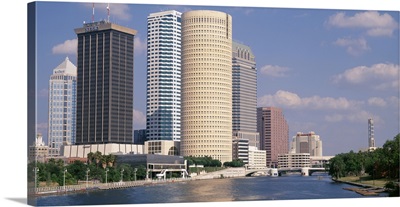 Florida, Tampa, Hillsborough River, Panoramic view of waterfront and skyline