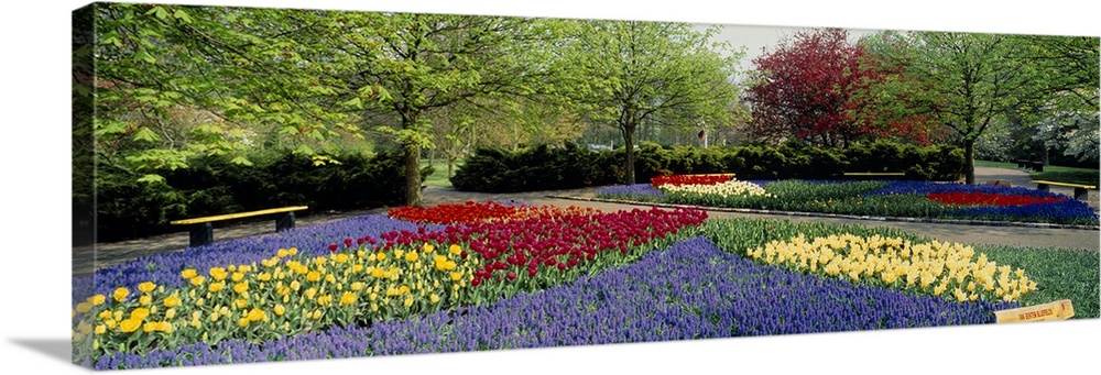 This panoramic picture was taken on a beautiful day of flower gardens inside a park.