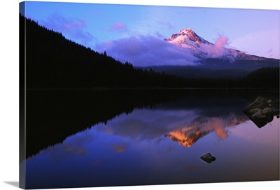 Foggy Mount Hood reflected in mountain lake, Oregon, united states,
