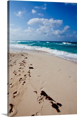 Footprints in sand on beach, Georgetown, Great Exuma Island, Bahamas