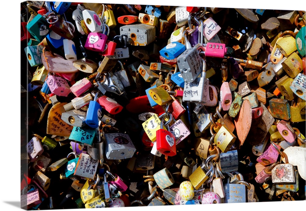 Forever love" - Love locks on fence at Seoul tower, Seoul, South Korea - Tourist spot where lovers place ceremonial locks ...
