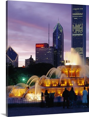 Fountain lit up night, Buckingham Fountain, Grant Park, Chicago, Illinois