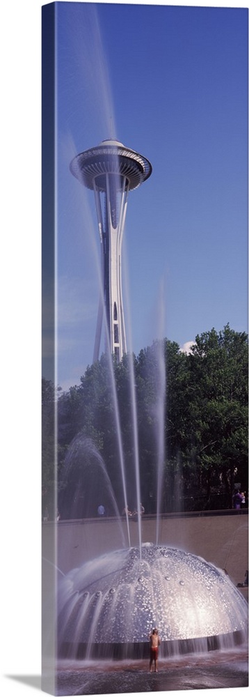 Fountain with a tower in the background Space Needle Seattle King County Washington State