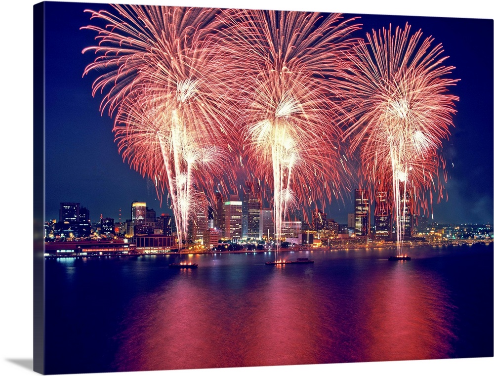 Freedom Fest Fireworks at night, Detroit, Wayne County, Michigan, USA