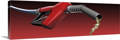 Gasoline being splashed from a gas nozzle on a red background
