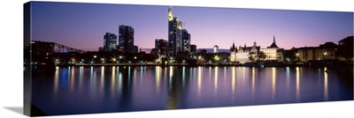 Germany, Frankfurt, Main River, skyline in evening