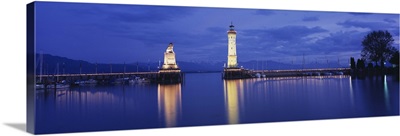 Germany, Lindau, Reflection of Lighthouse in the lake Constance