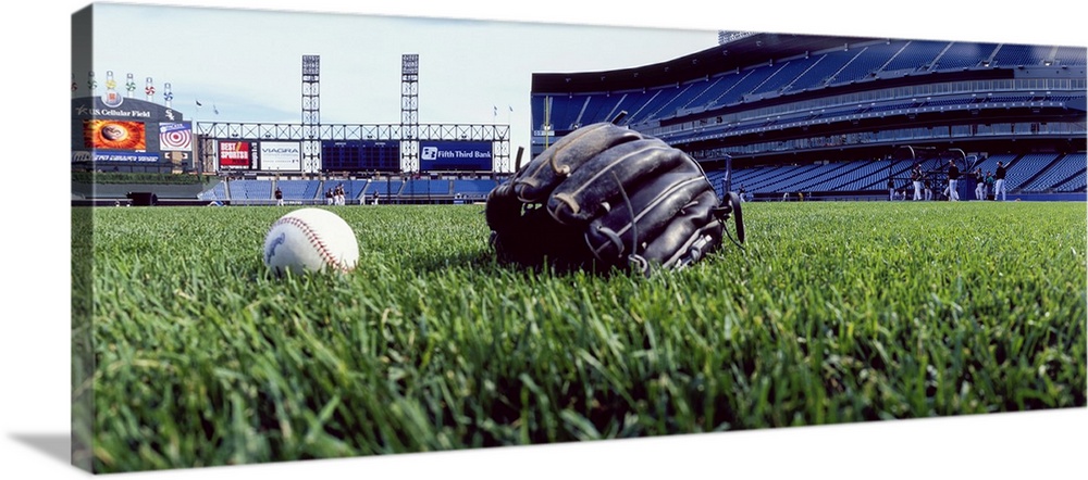 Gloves and Ball on Grass, Cellular Field, White Sox vs Indians, Chicago, Illinois