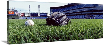 Gloves And Ball On Grass, Cellular Field, White Sox Vs Indians, Chicago, Illinois