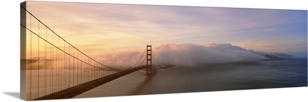 Panorama of rolling fog over the Golden Gate Bridge in San Francisco, California.