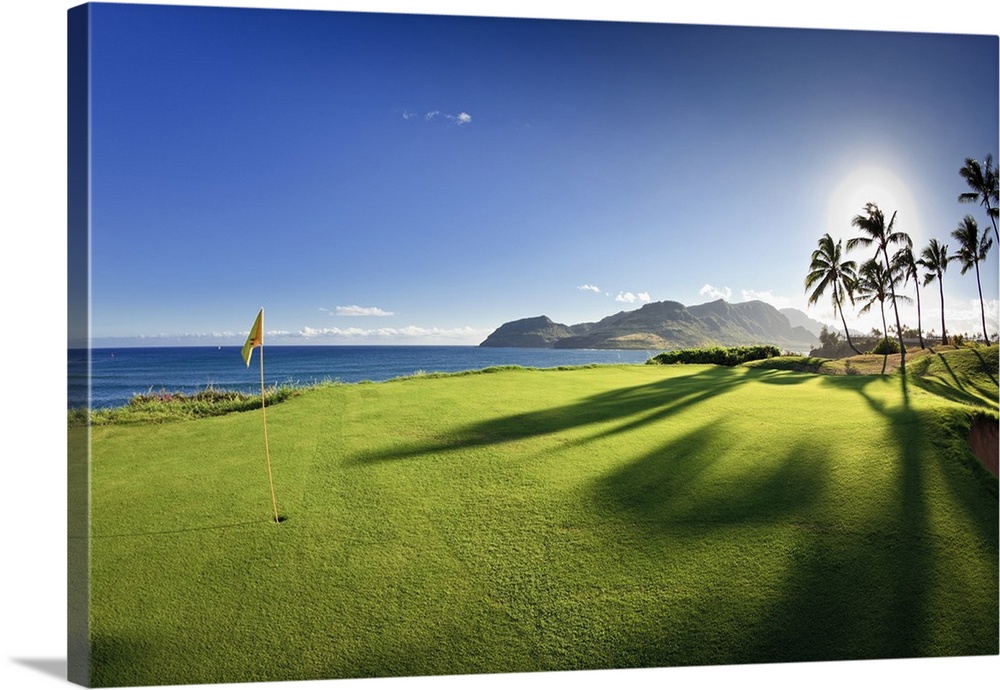 Photograph of oceanfront putting green with palm trees.  There are mountains in distance under a clear sky.