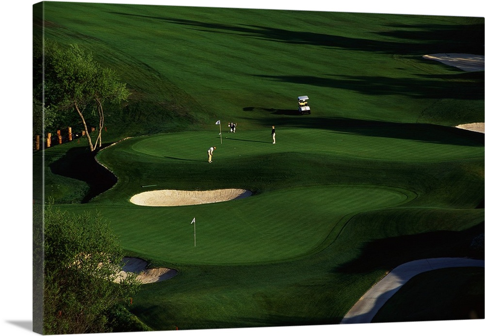 This decorative wall art is an aerial photograph of a California golf course in a landscape scene.
