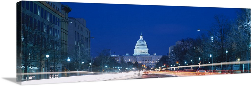 Government building lit up at dusk, Capitol Building, Pennsylvania Avenue, Washington DC
