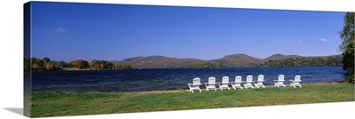 Group of lounge chairs near a lake, Blue Mountain Lake, New York State