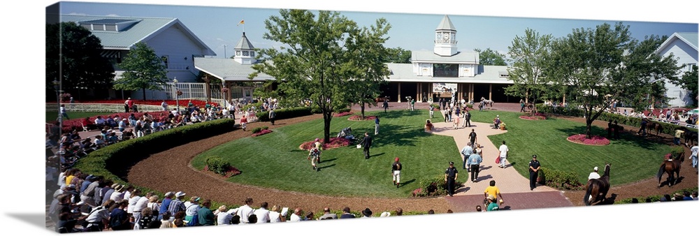 Group of people around a paddock, Arlington Park, Illinois, USA