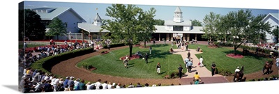 Group of people around a paddock, Arlington Park, Illinois