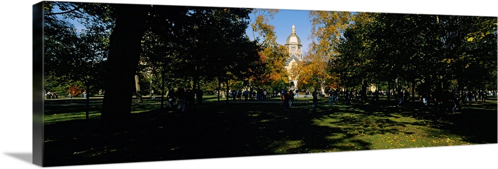 Panoramic photograph of college building with grassy area surrounded by trees in the foreground.