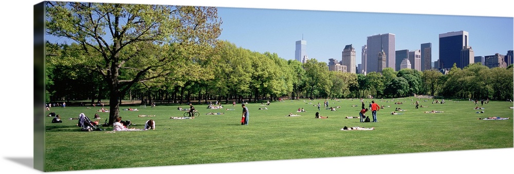 Panoramic view of central park with people relaxing and enjoying the downtown skyline.