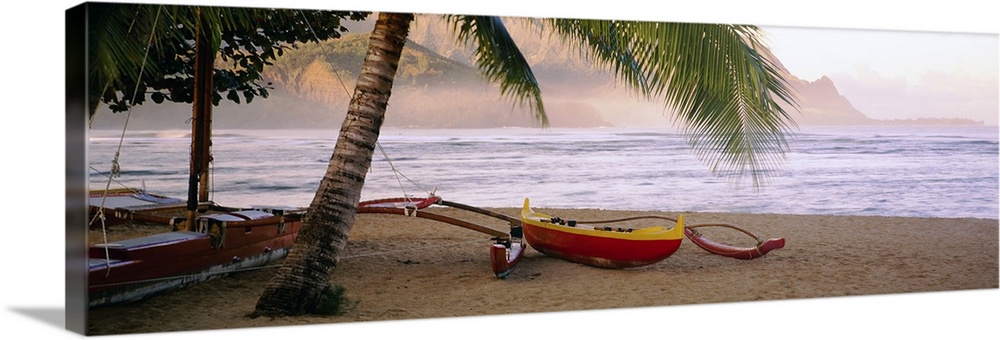 Panoramic photograph shows a boat sitting beneath a palm tree on the sandy shores of a beach in the Pacific Ocean.  The wa...