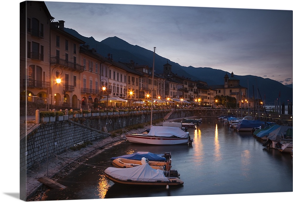 Harbor at dusk, Piazza Vittorio Emanuele III, Cannobio, Lake Maggiore, Piedmont, Italy