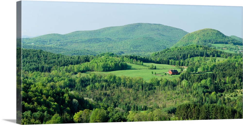 High angle view of a barn in a field surrounded by a forest, Peacham, Caledonia County, Vermont, USA
