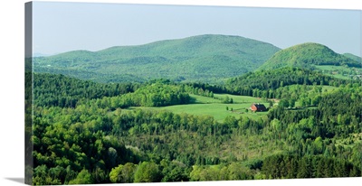 High angle view of a barn in a field surrounded by a forest, Peacham, Vermont