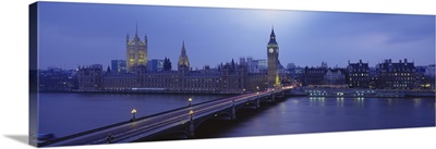 High angle view of a bridge across the river, Westminster Bridge, Big Ben, Houses of parliament, London, England