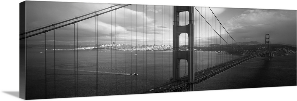 Panoramic photo on canvas of the Golden Gate Bridge with the San Francisco cityscape in the distance.