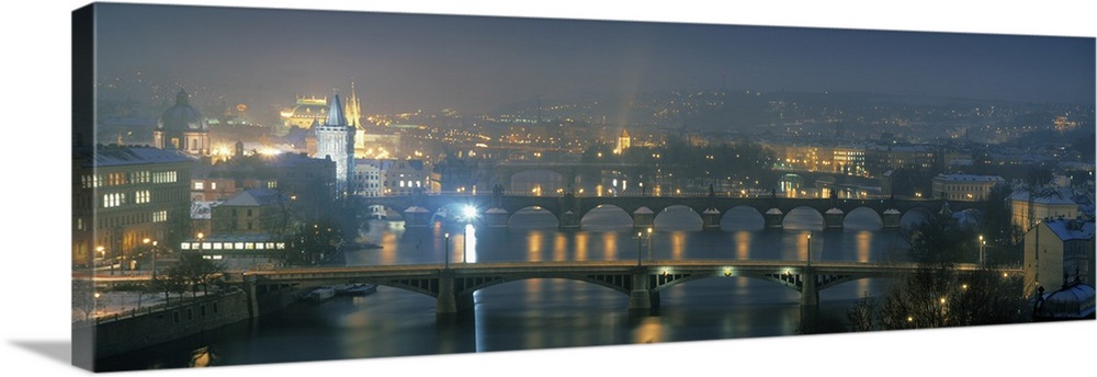 High angle view of a bridge at dusk, Charles Bridge, Prague, Czech Republic