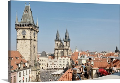 High angle view of a church in a city, Tyn Church, Old Town Square, Prague, Czech Republic