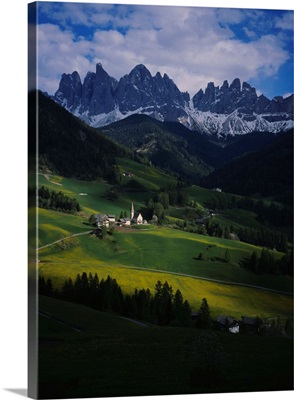 High angle view of a church on a landscape, Dolomites, Funes Valley, Le Odle, Santa Maddalena, Tyrol, Italy