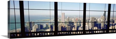 High angle view of a city as seen through a window, Chicago, Illinois