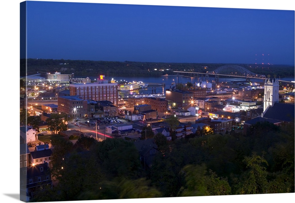 High angle view of a city at dusk, Mississippi River, Dubuque, Iowa