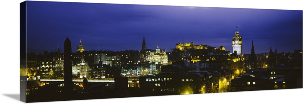 High angle view of a city lit up at night, Edinburgh Castle, Edinburgh, Scotland