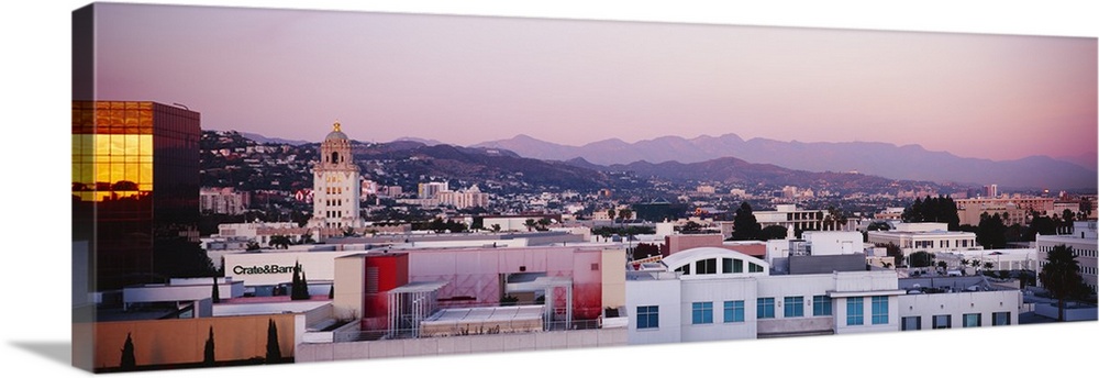 High angle view of a cityscape, San Gabriel Mountains, Hollywood Hills, Hollywood, City of Los Angeles, California