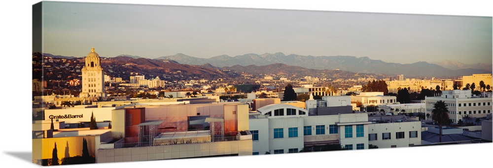 High angle view of a cityscape, San Gabriel Mountains, Hollywood Hills, Hollywood, City of Los Angeles, California