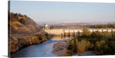 High angle view of a dam on a river, Nimbus Dam, American River, Sacramento County, California