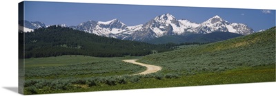 High angle view of a dirt road running through the field, Sawtooth National Recreation Area, Stanley, Idaho