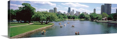High angle view of a group of people on a paddle boat in a lake, Lincoln Park, Chicago, Illinois