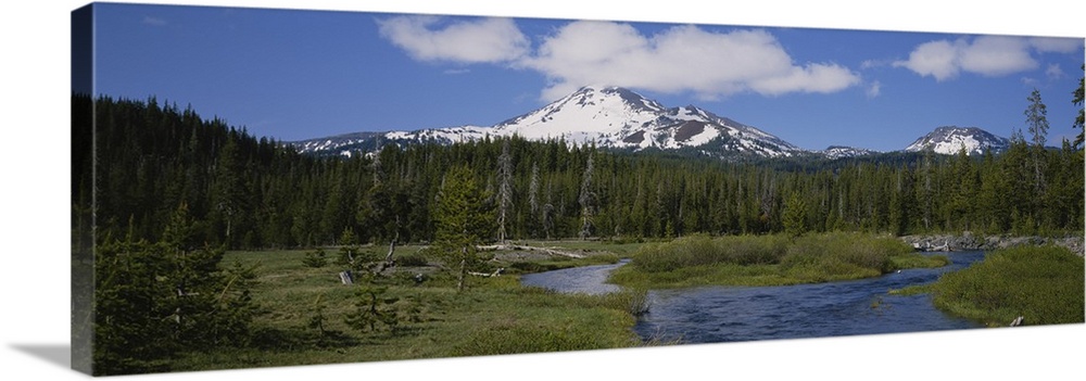High angle view of a lake in front of a snowcapped mountain, Mt Bachelor, Oregon