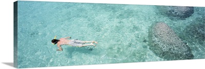 High angle view of a man snorkeling