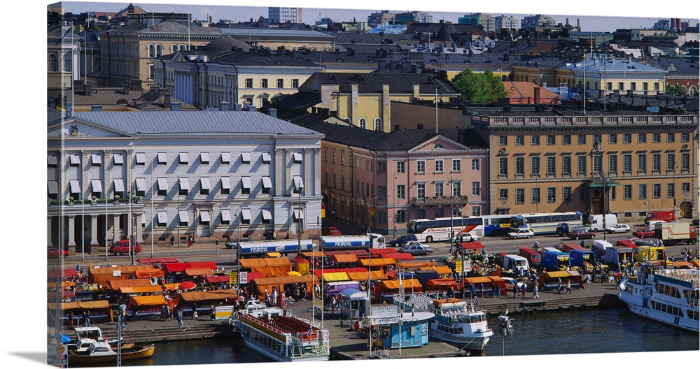 High angle view of a market along a harbor, Helsinki, Finland
