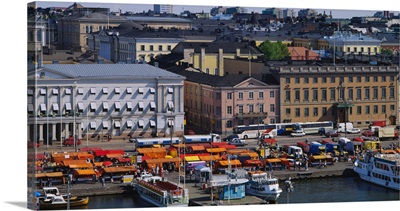 High angle view of a market along a harbor, Helsinki, Finland