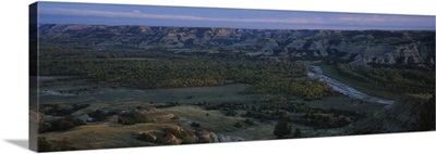 High angle view of a river passing through a landscape, Little Missouri River, Theodore Roosevelt National Park, North Dakota