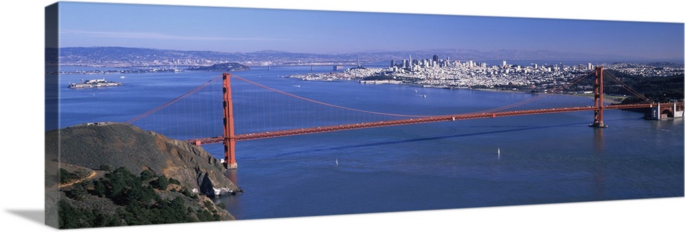 Big art work for the home or office of the Golden Gate Bridge taken from afar with a large view of the Golden Gate Strait.